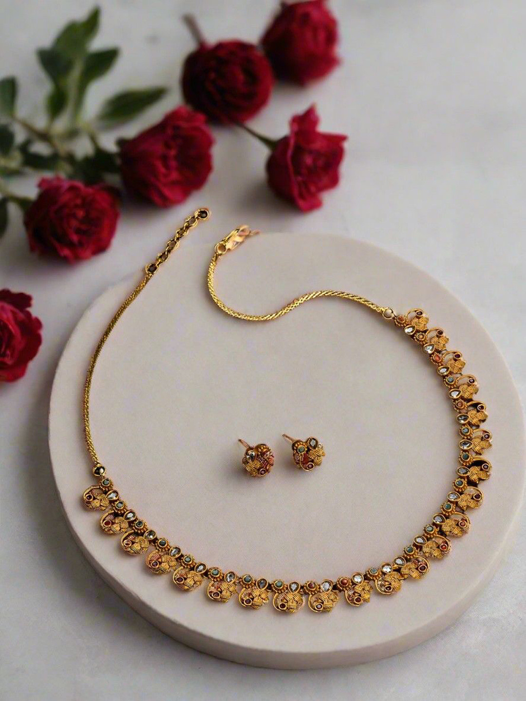 Anouk Green Gold-Plated American Diamond Antique Jewellery Set