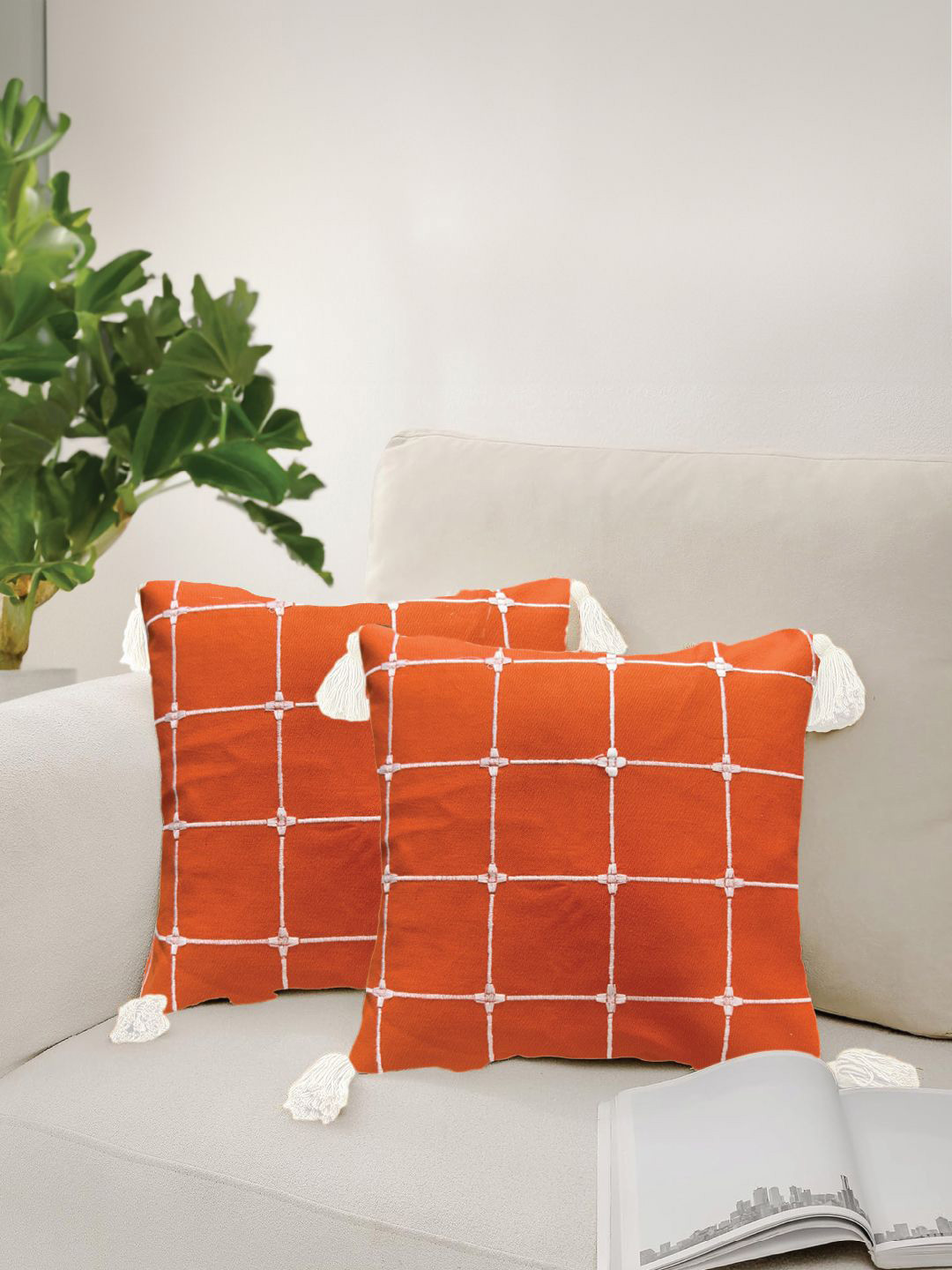 URBAN SPACE Polyester Silk Water Resistant 2 Pcs Embroidered Cushion Covers -18x18In