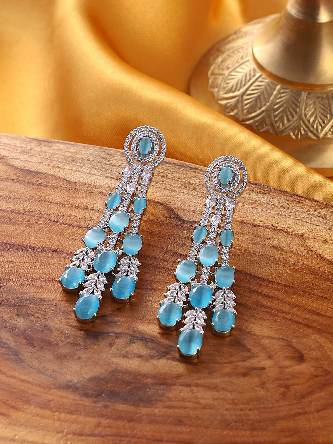 SOHI The Anglique Silver-Plated Stones Studded Drop Earrings