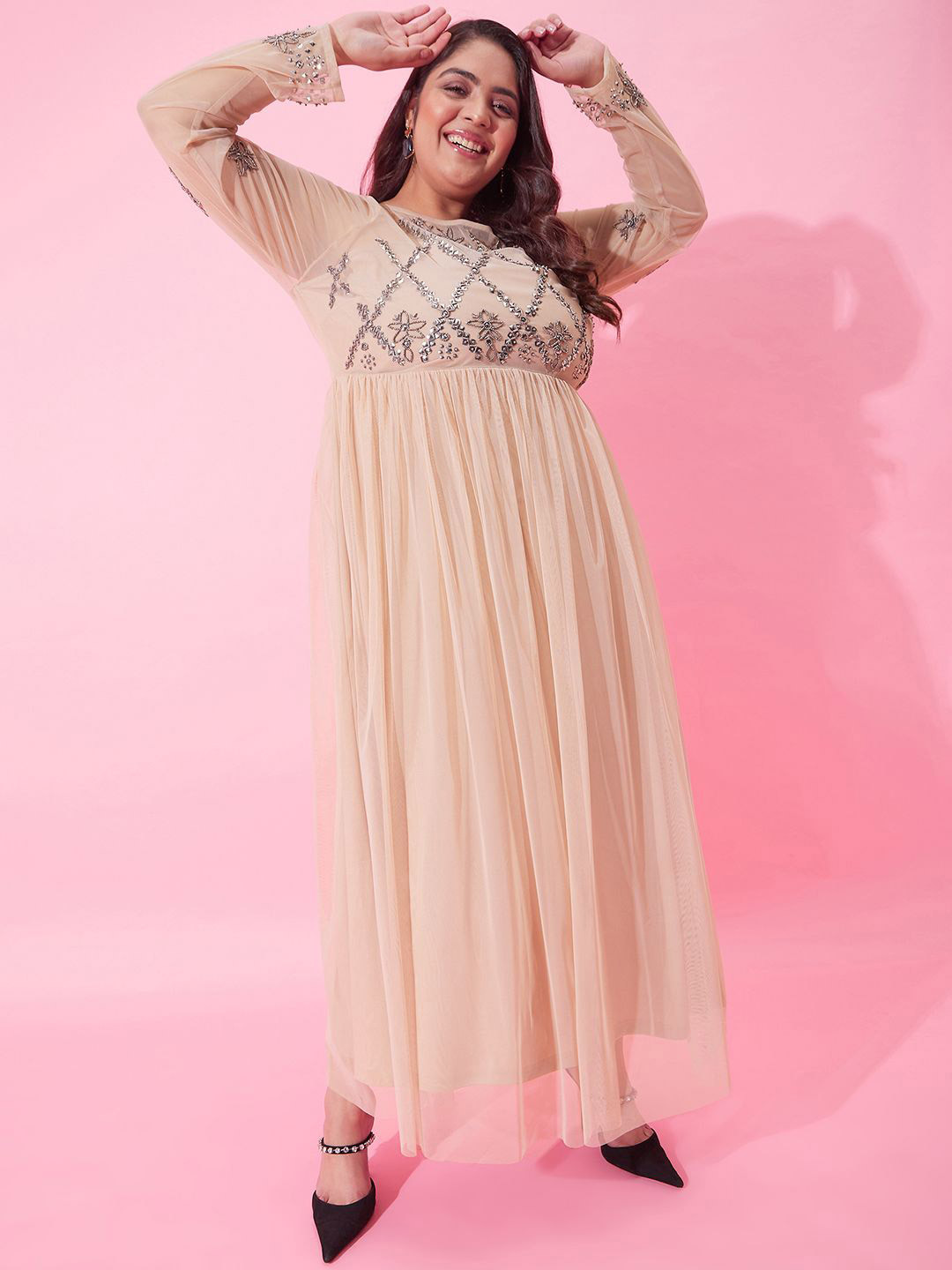 CURVY STREET Plus Size Embellished Print Net Fit & Flare Dress