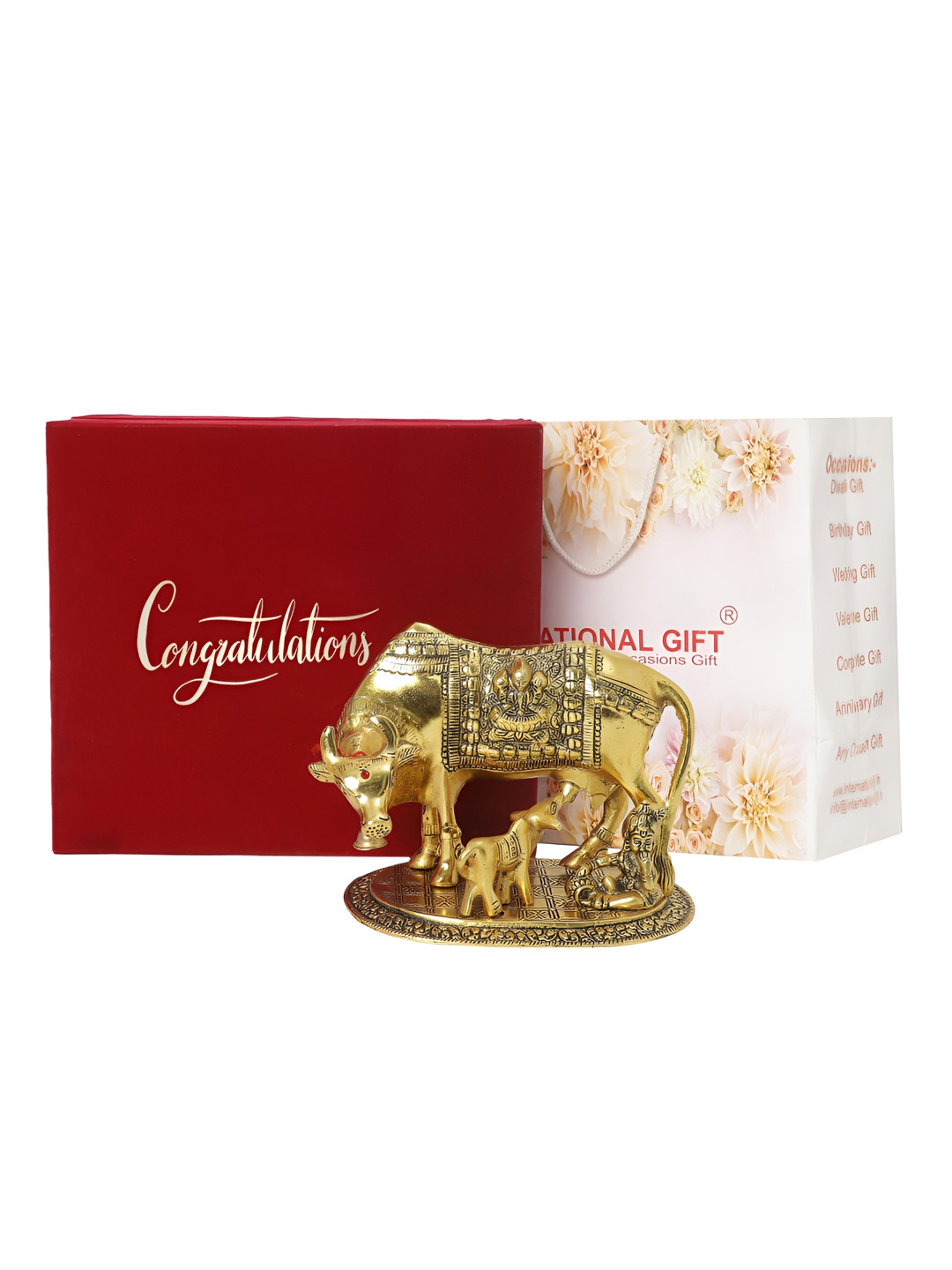 INTERNATIONAL GIFT Gold-Toned Kamdhenu Cow Statue With Congratulations Tag & Velvet Box
