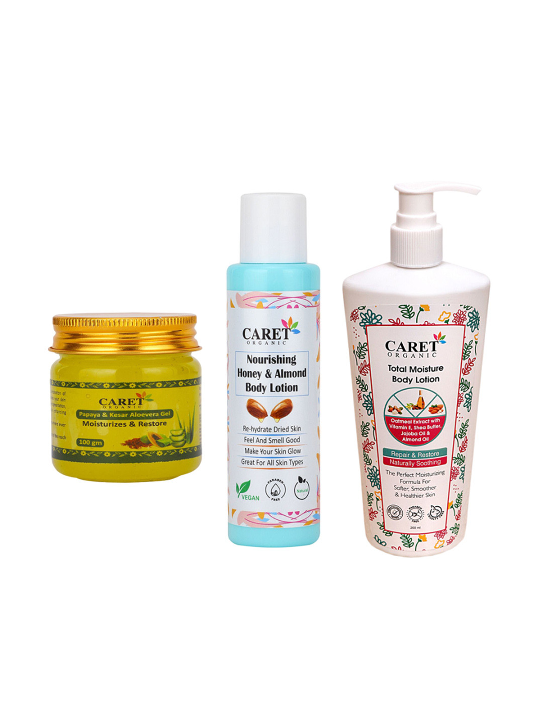 CARET ORGANIC Almond Body Lotion- Total Moisture Body Lotion & Kesar Aloevera Gel Combo