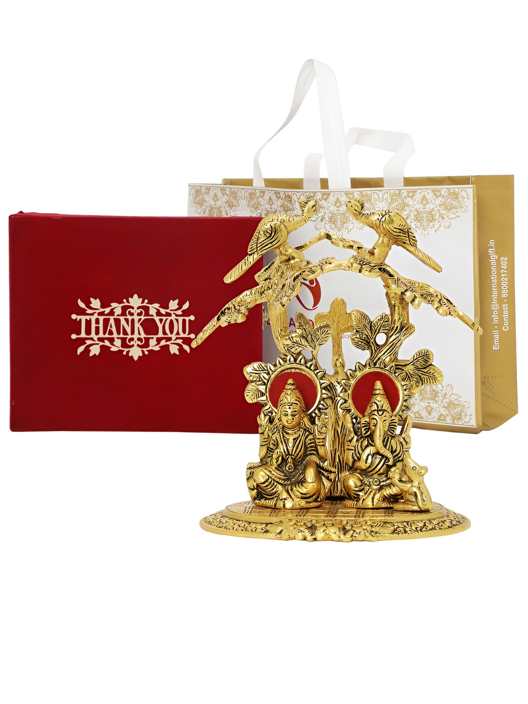 INTERNATIONAL GIFT Laxmi Ganesh God Idol with Box, Carry Bag and Thank You Tag Gold Metal Metallic Prayer Room Medium Showpiece - 7.9 Inches