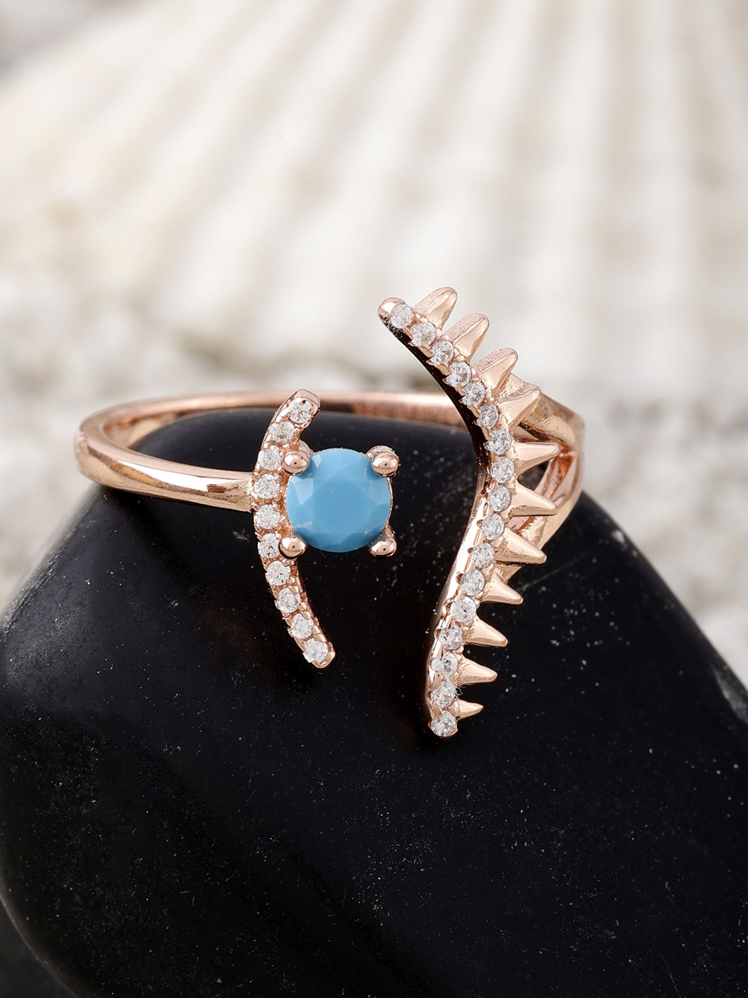 DIAVO 925 Sterling Silver Rose Gold-Plated Stone Studded Wispies Azure Finger Ring