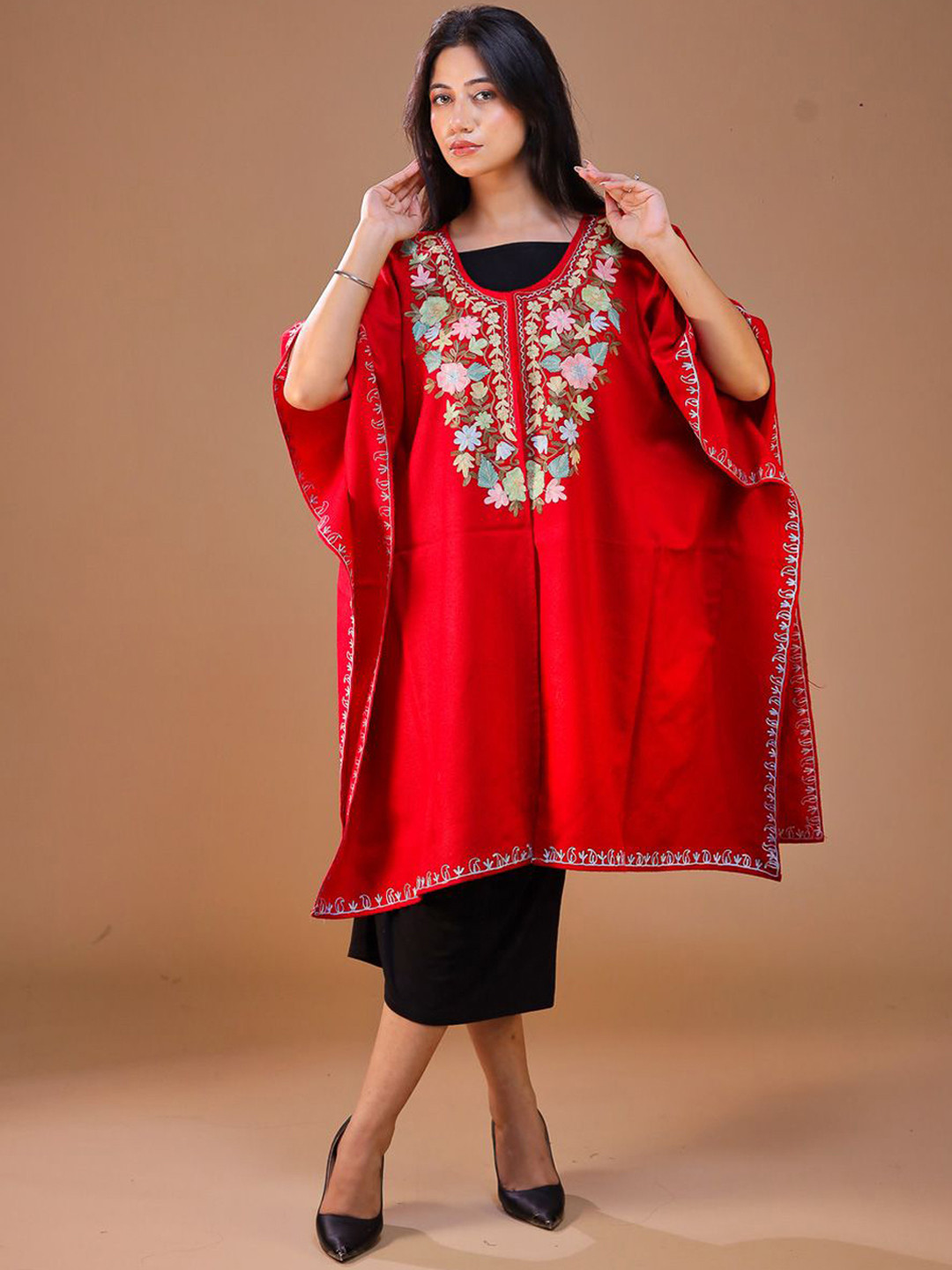 SWI Stylish Women Floral Woollen Lightweight Cape Jacket with Embroidered