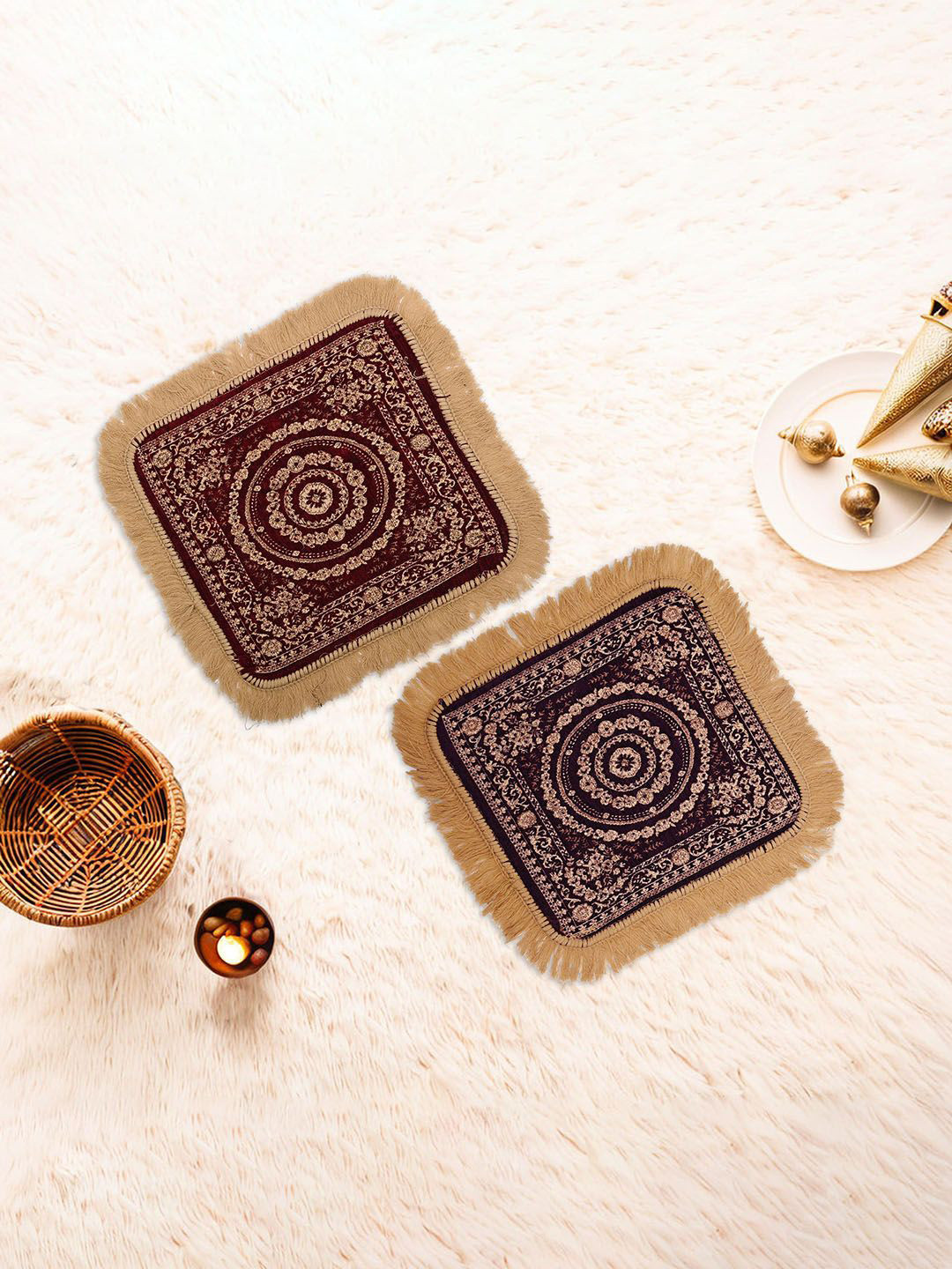Kuber Industries Purple & Maroon 2 Pieces Floral Printed Velvet Pooja Mats