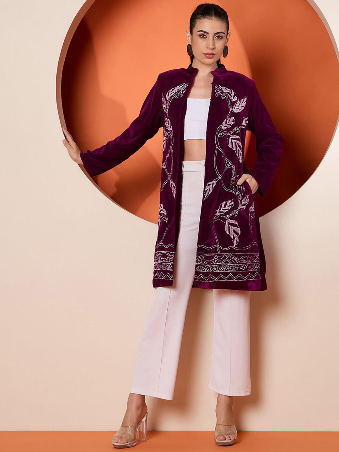 Antheaa Women Embroidered Velvet Open Front Jacket
