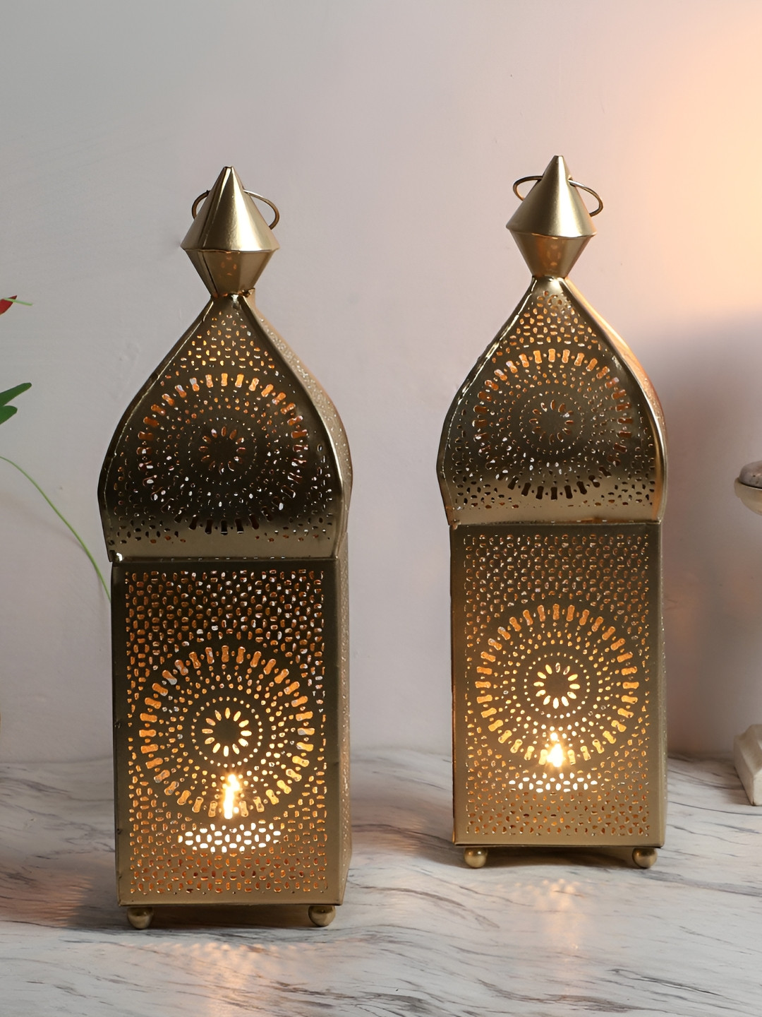 Amaya Decors Yellow 2 Pieces Hanging Etching Square Lantern Candle Holders