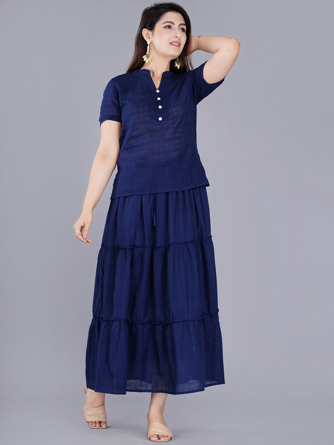 Cloth Bites Mandarin Collar Pure Cotton Top With Skirt