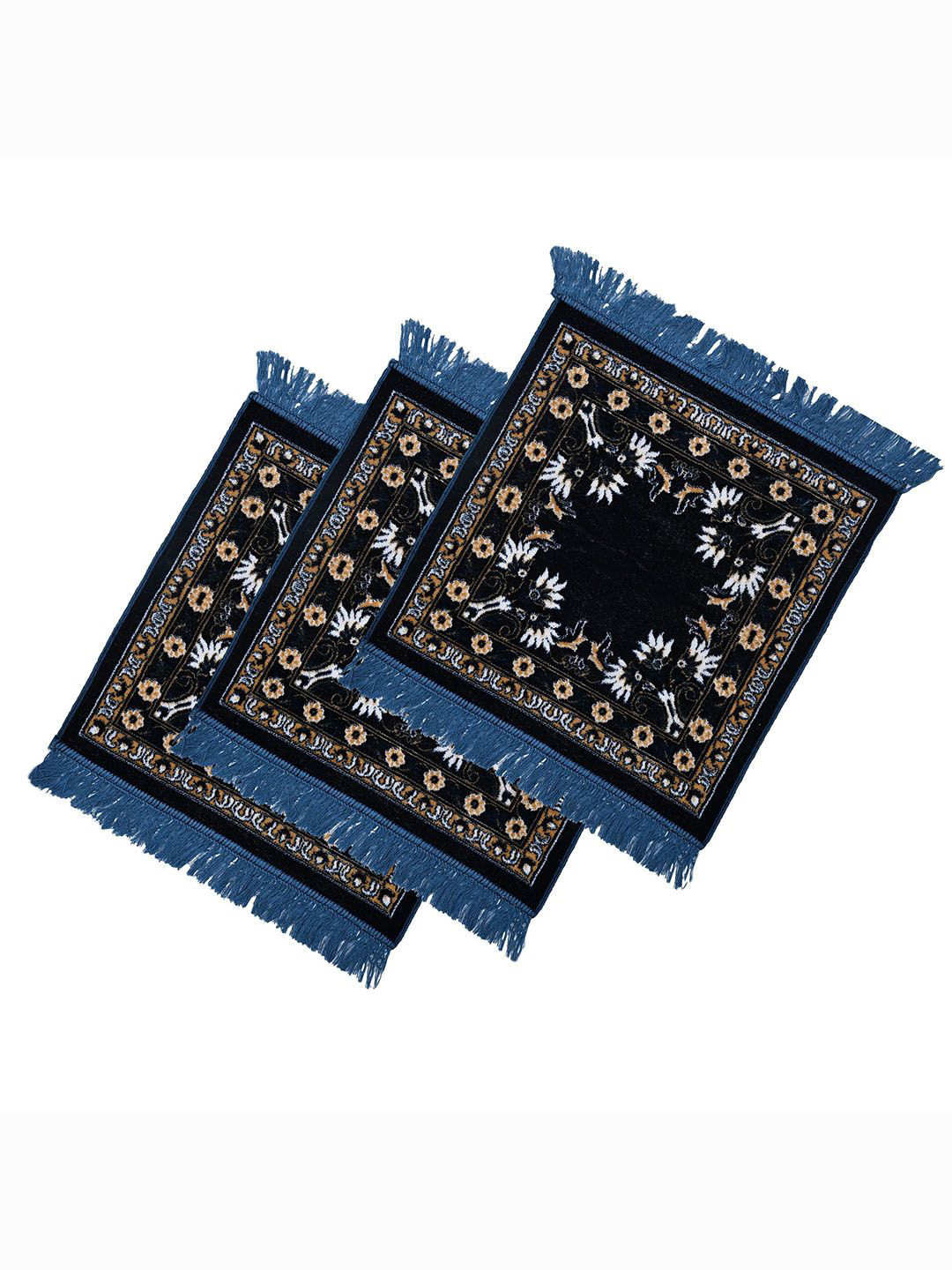 Kuber Industries Navy Blue & Blue 3 Pieces Floral Printed Velvet Pooja Mats