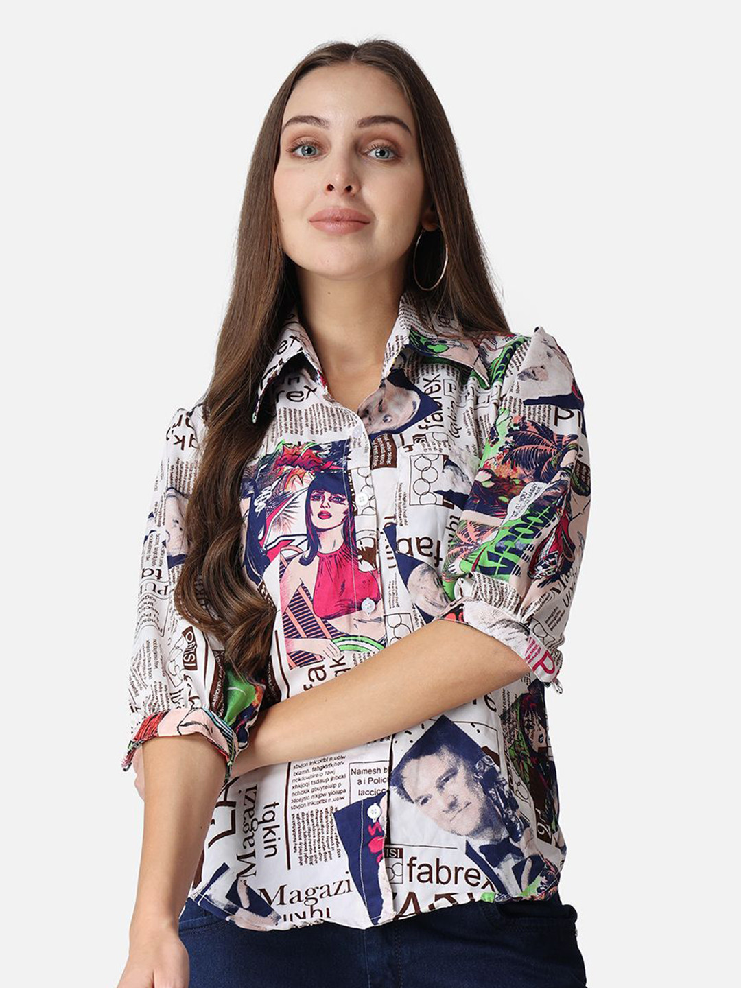 BAESD Women Classic Spread Collar Typography Printed Crepe Casual Shirt