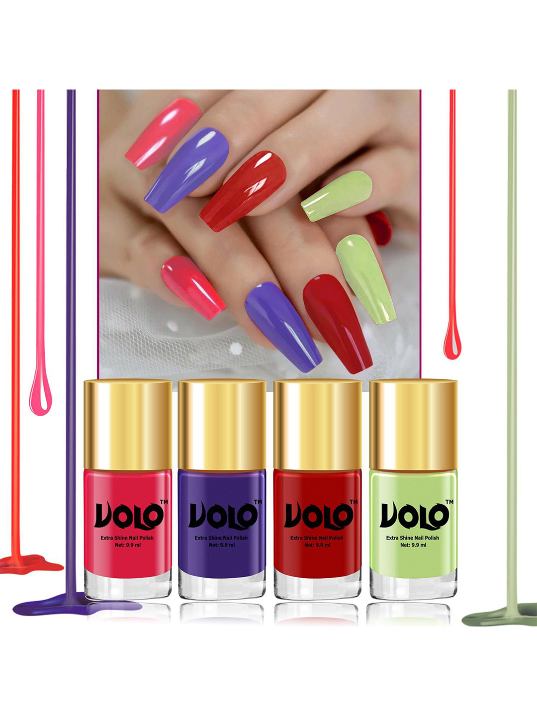 VOLO Set Of 4 Shine Pro Nail Polish- 9.9ml Each- Gray Purple-Carrot Red-Parrot Green