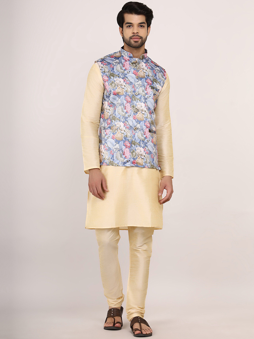 Sadree Dupion Silk Straight Kurta With Churidar And Printed Nehru jacket