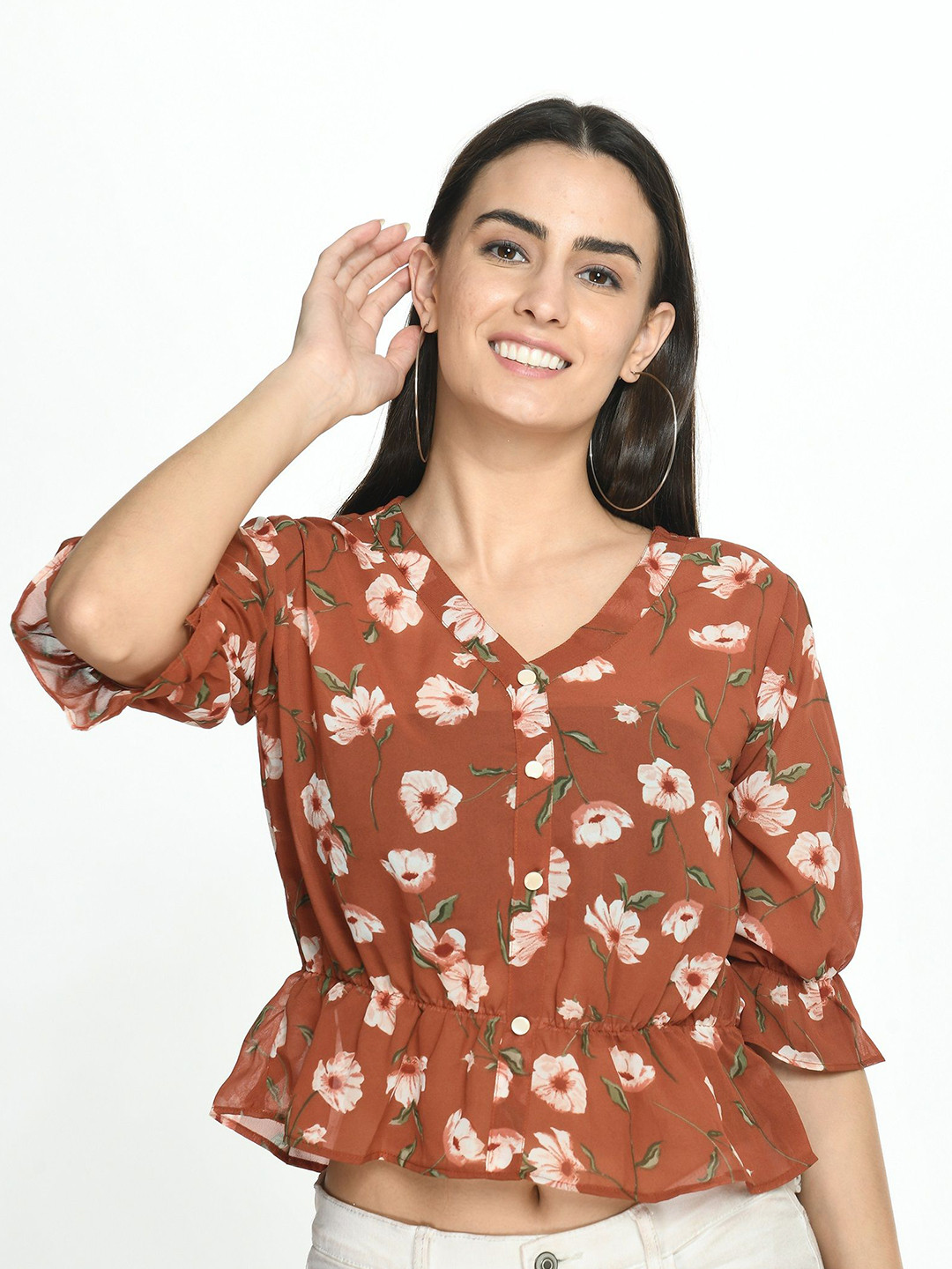 ARPORA Women Floral Printed Boat Neck Top