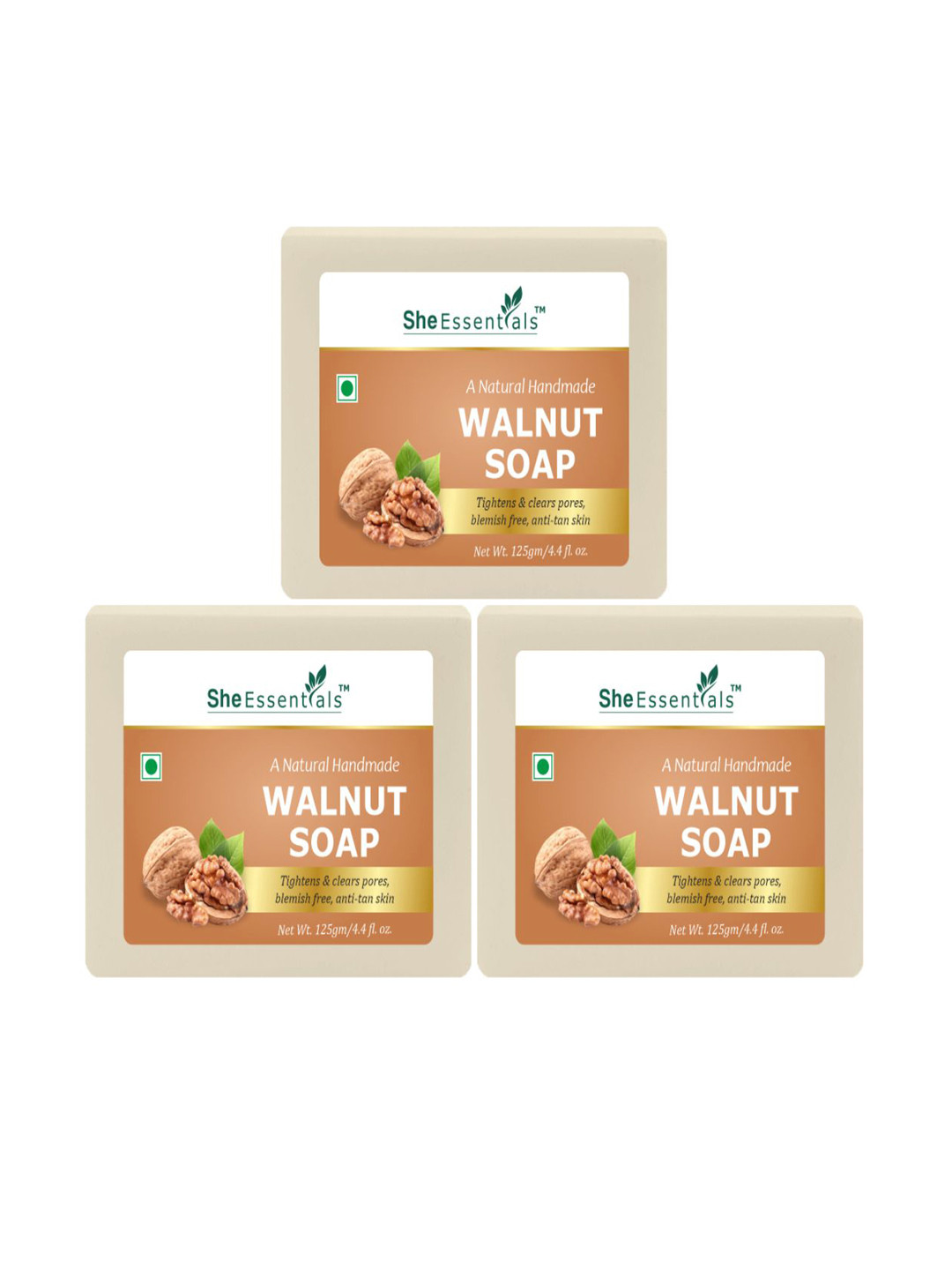 She Essentials Set Of 3 Natural Walnut Bath Soap - 125 g Each
