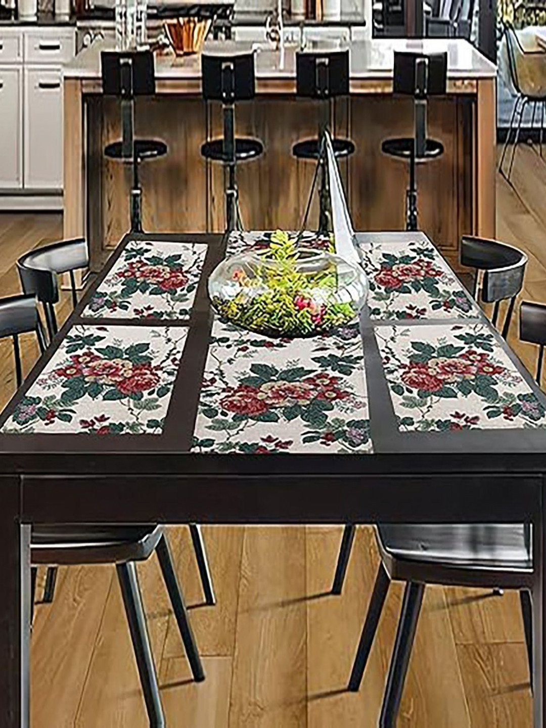PRAKARTIK Set of 5 White & Red Printed Dining Table Mats With Runner