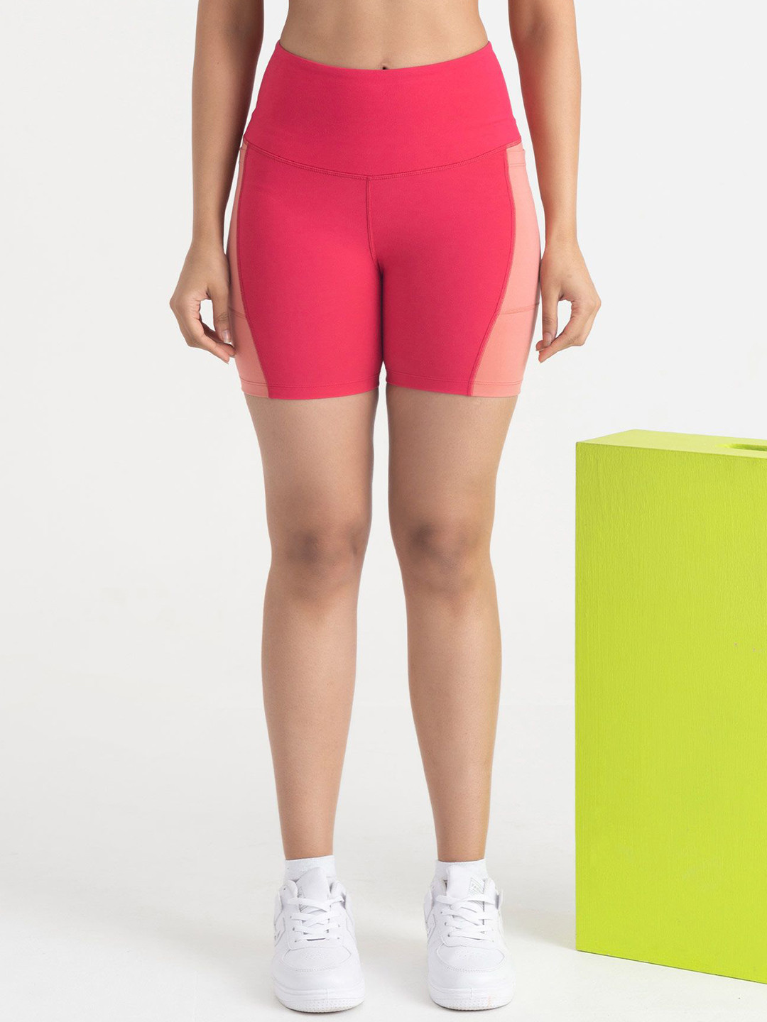 Hunnit Women Epic Pop High Rise Stretchable Activewear Shorts with 2 Side Pockets