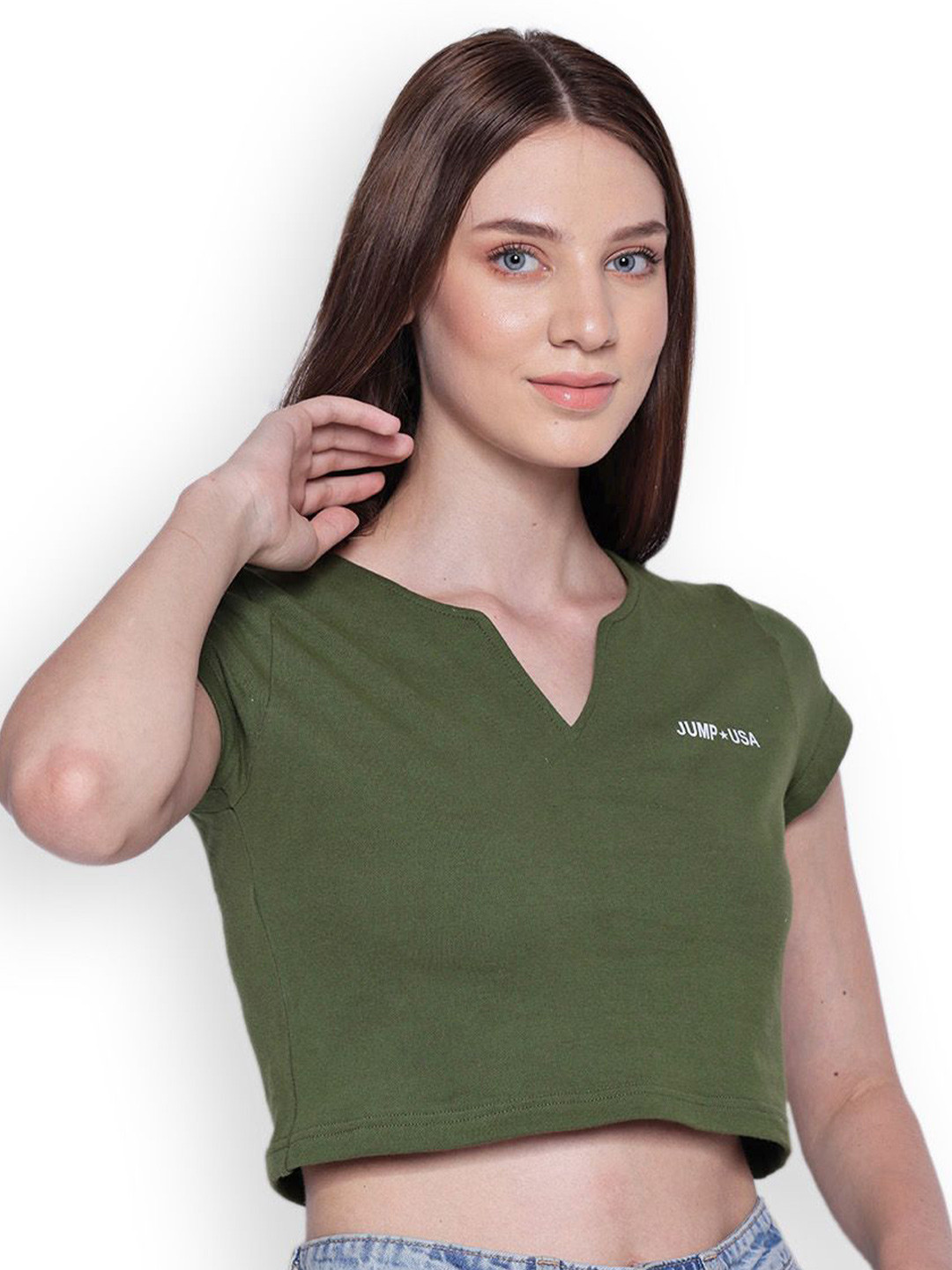 JUMP USA Sweetheart Neck Extended Sleeves Cotton Crop Top