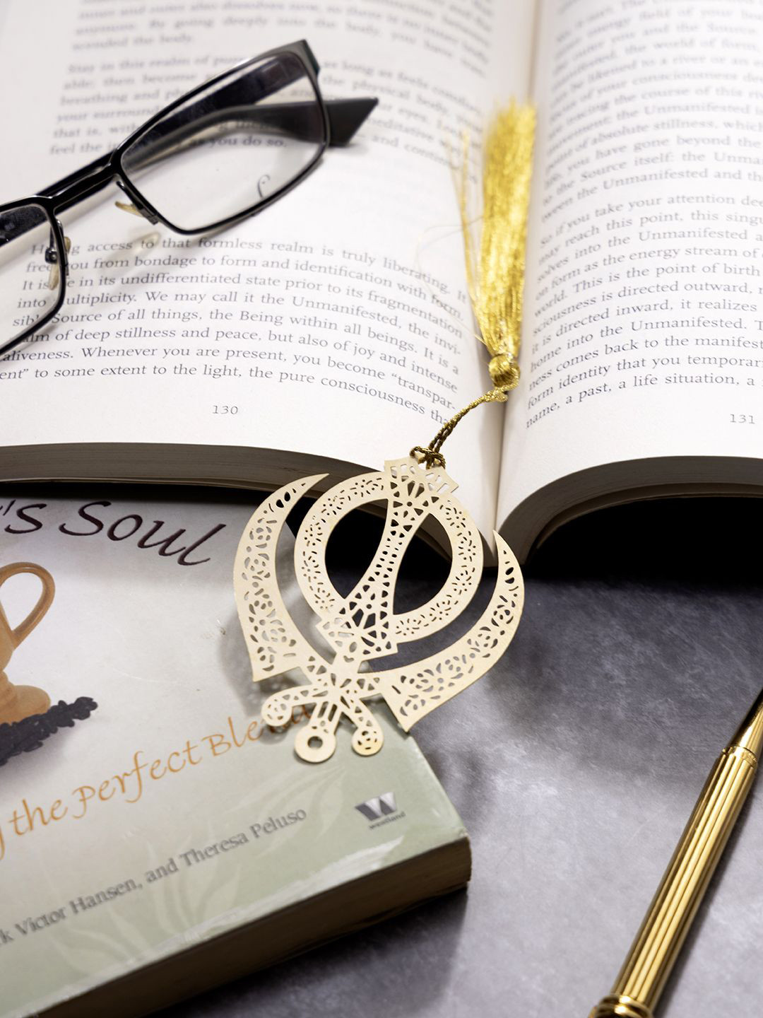 DULI Gold Toned Khanda Designed Brass Bookmark
