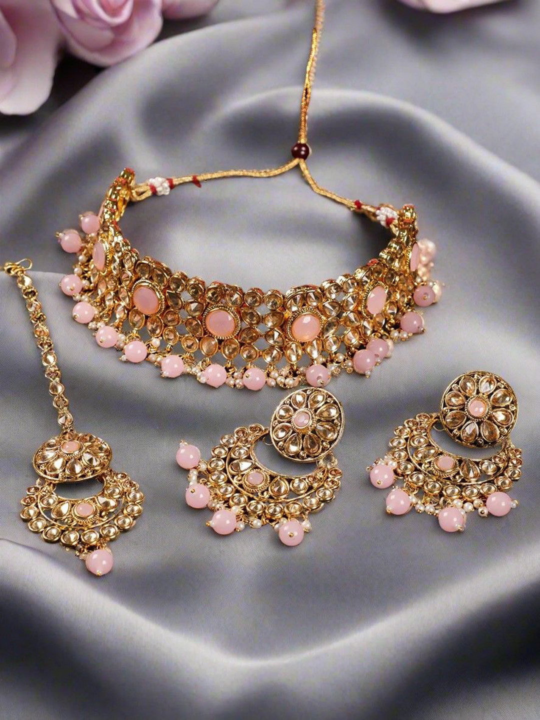 Anouk Pink Gold Plated Kundan-Studded & Pearl Beaded Choker Jewellery Set