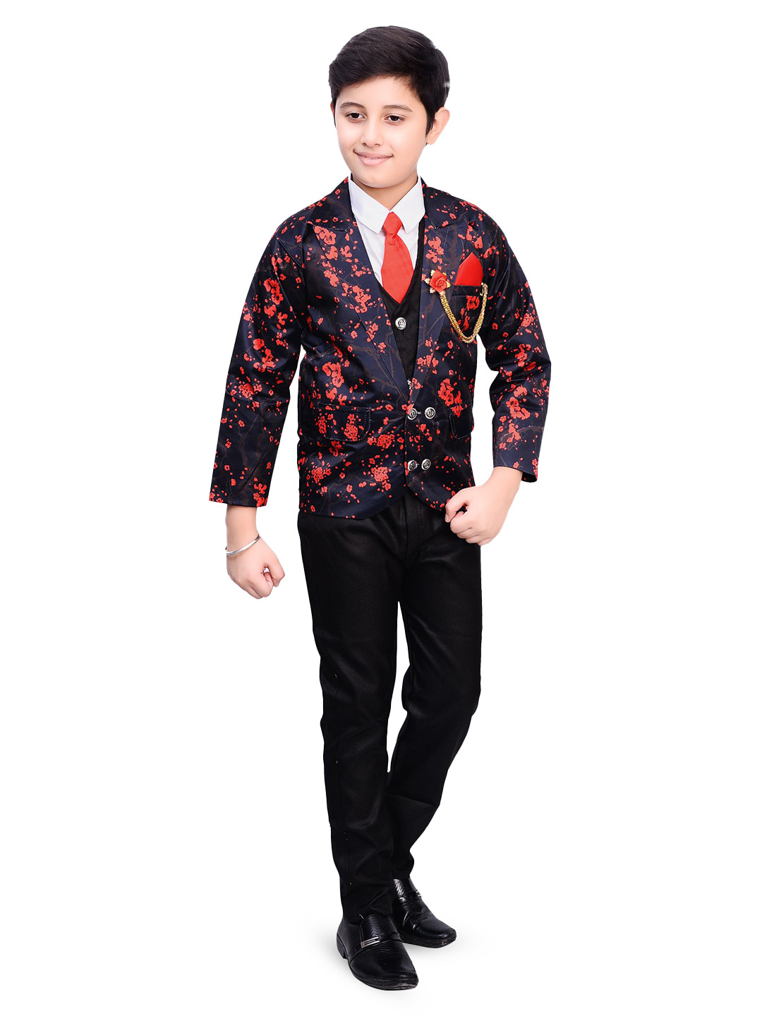 BAESD Boys Printed Four-Piece Double-Breasted Shirt, Trousers & Waistcoat With Blazer