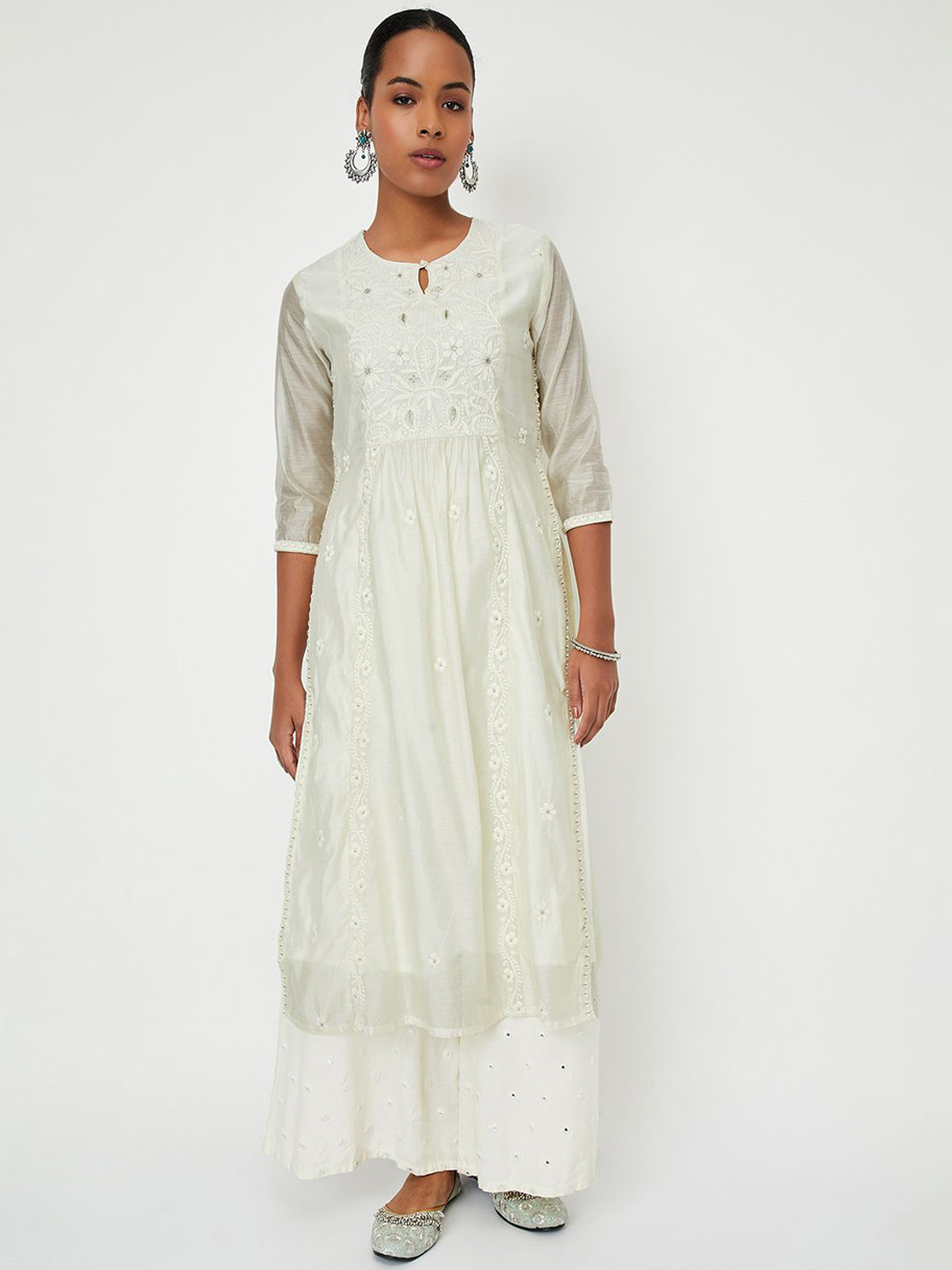 Kalki x Max Floral Embroidered Keyhole Neck Zari Work Cotton Straight Kurta