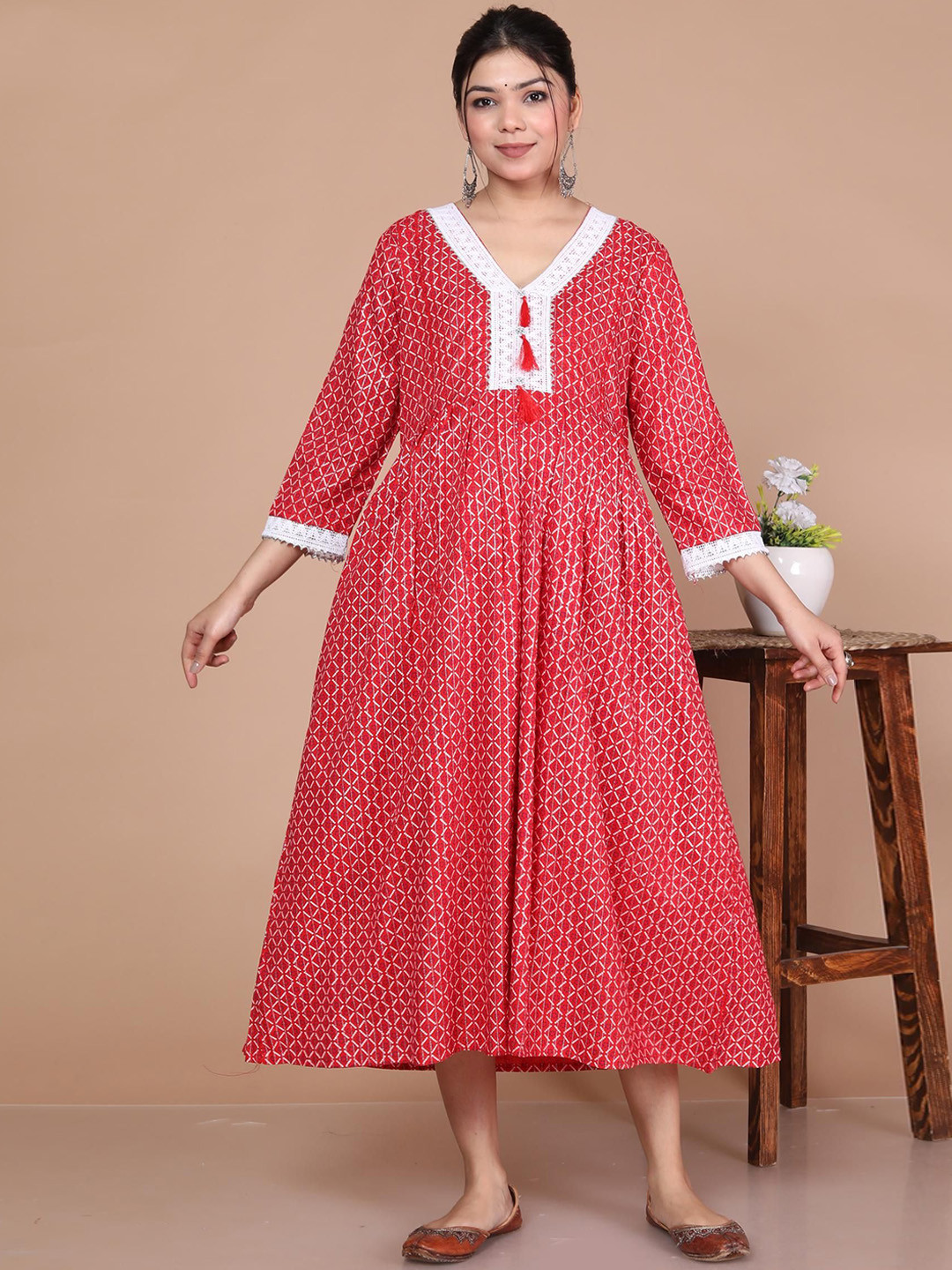ANTU KURTIES Geometric Printed Three-Quarter Sleeves Pure Cotton A-Line Ethnic Dress