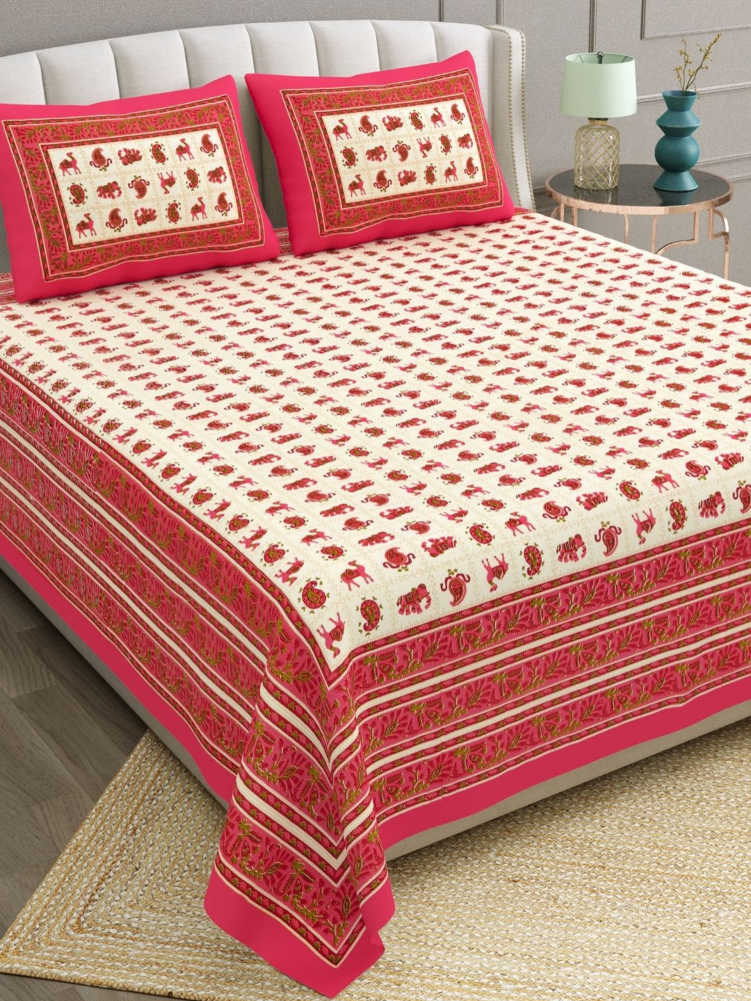 The Craft Monk Beige Graphic Cotton 240 TC King Fine Bedsheet with 2 Pillow Covers-108 x 90 inches