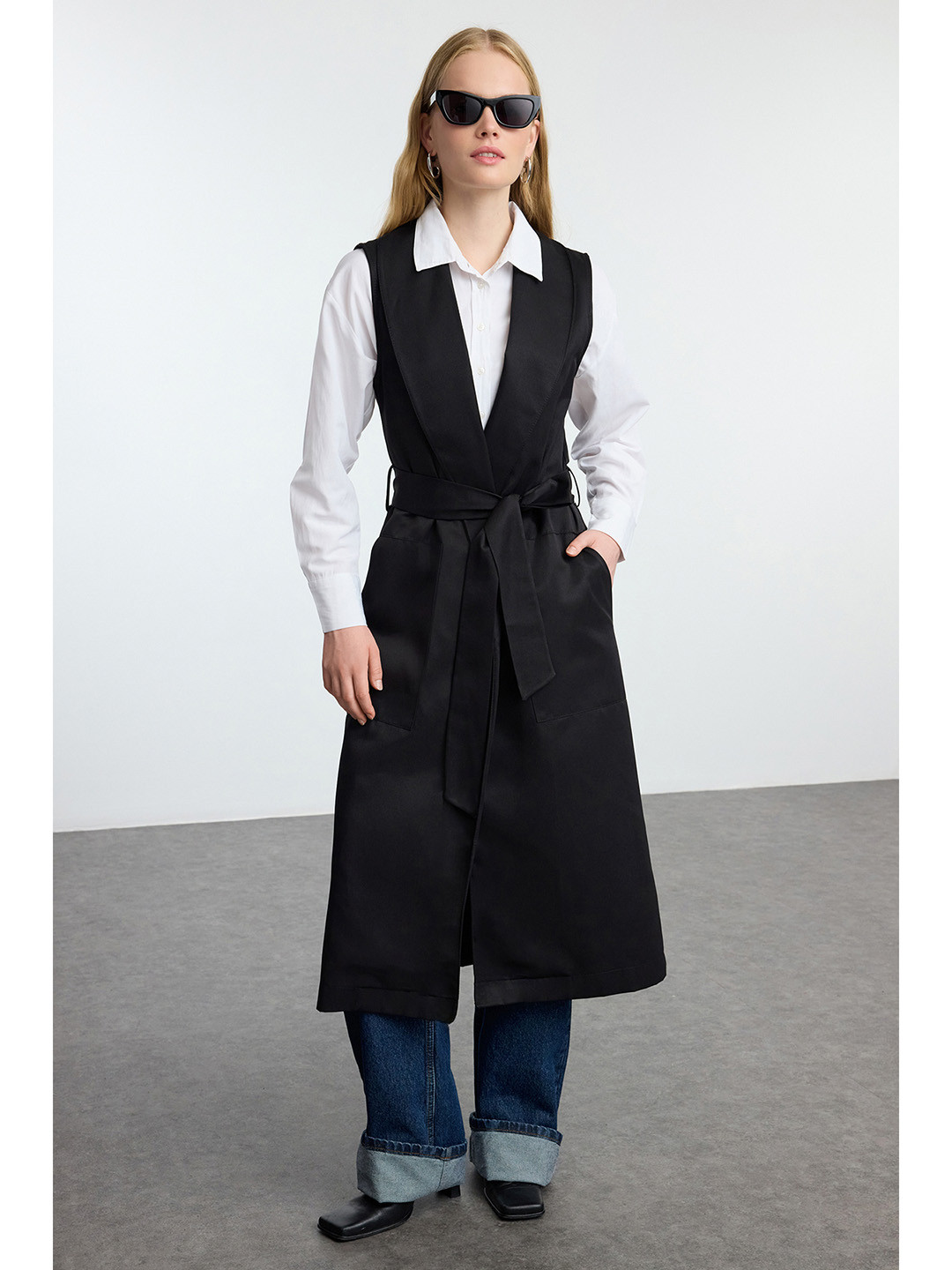 Trendyol Single Breasted Shawl Collar Tie Up Long Line Overcoat