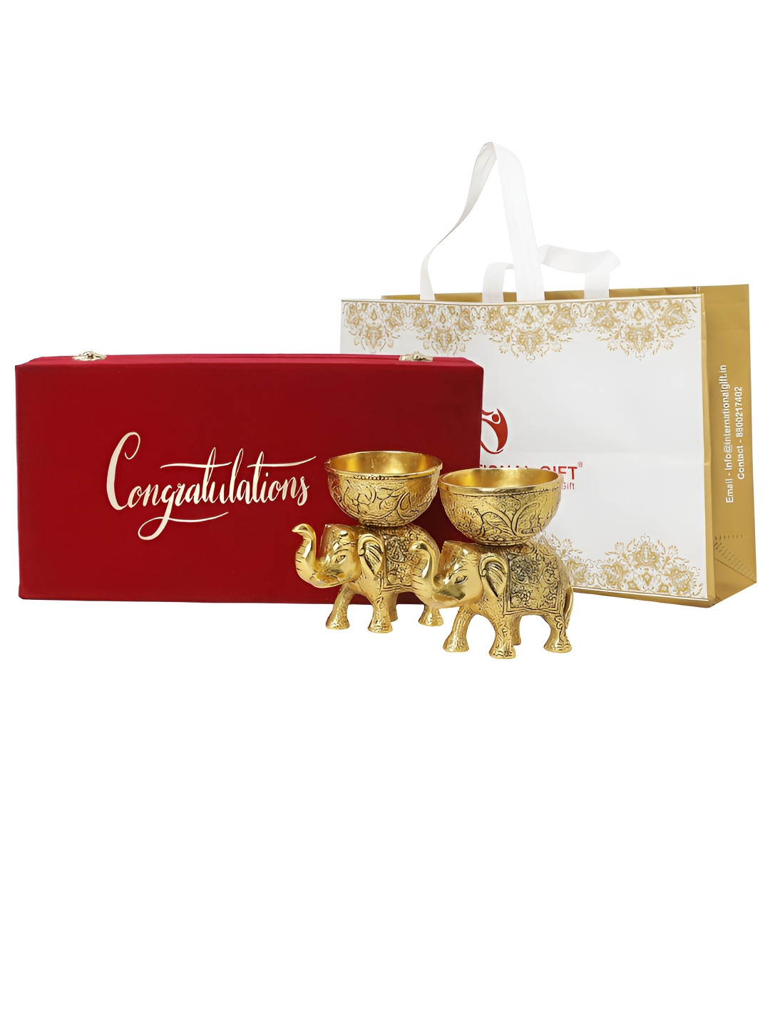 INTERNATIONAL GIFT Elephant Bowl Gold Metal Metallic Prayer Room Set of 2 Small Showpieces - 5.1 Inches
