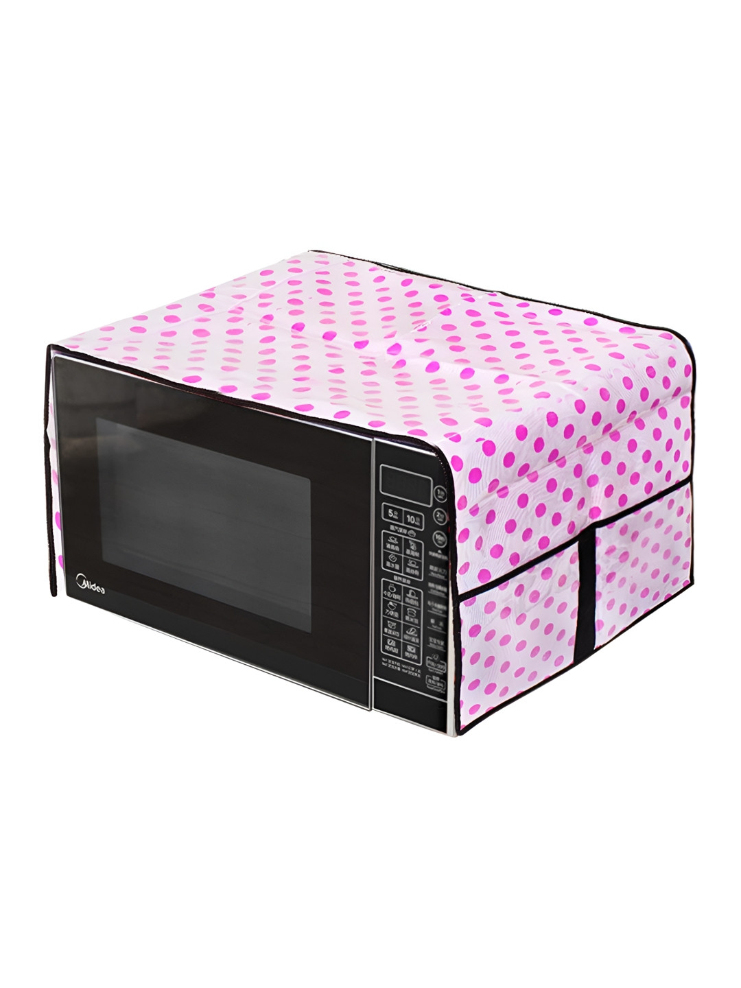 prettykrafts Pink & White Printed Microwave Oven Top Cover With Utility Pockets