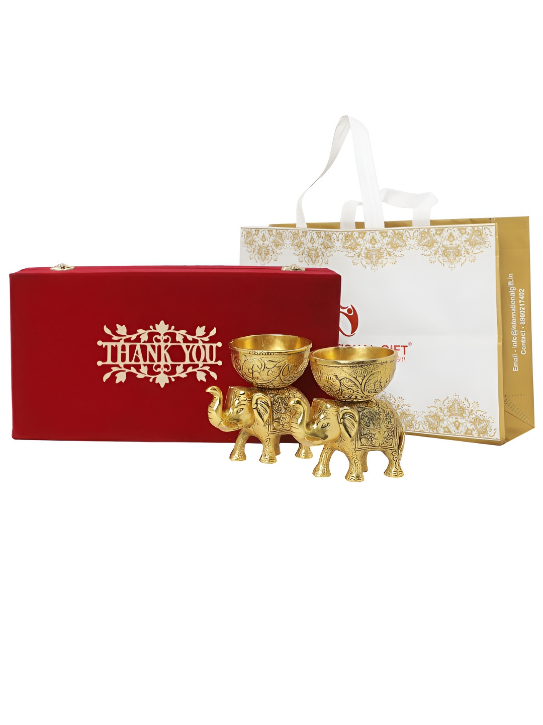 INTERNATIONAL GIFT Elephant Bowl Gold Metal Metallic Prayer Room Set of 2 Medium Showpieces - 5.1 Inches