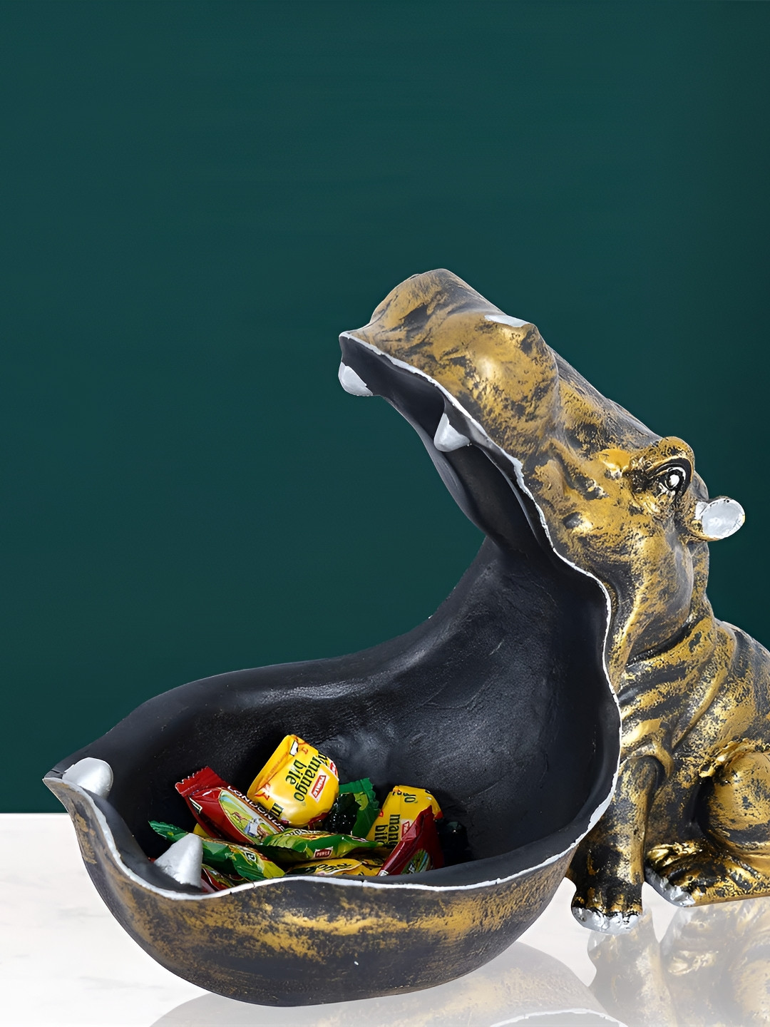 Zart Angry Big Mouth Hippopotamus Gold Polyresin Matte Living Room Small Showpiece - 3.5 Inches