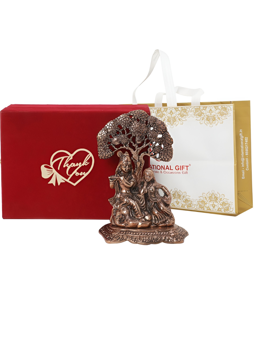 INTERNATIONAL GIFT Radha Krishna Tree God with Box, Carry Bag & Thank You Tag Copper Metal Matte Prayer Room Medium Showpiece - 7.1 Inches
