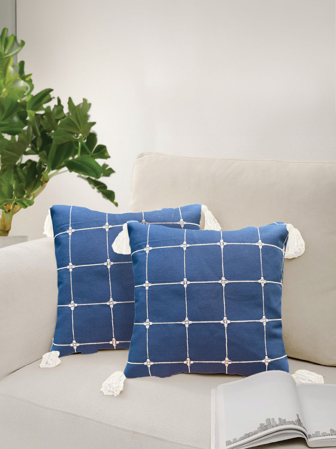 URBAN SPACE Aura Checks Indigo Embroidered Cotton 2 Pcs Cushion Covers - 18 x 18 In