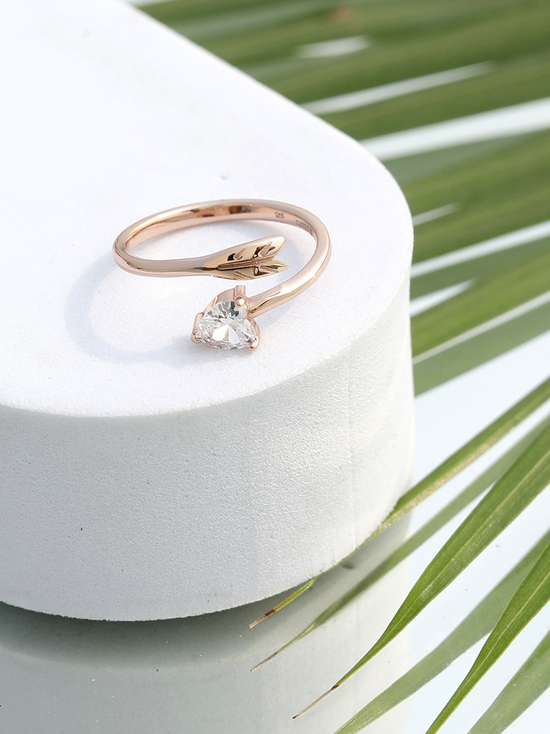 DIAVO Mystic Heartleaf 925 Sterling Silver Rose Gold-Plated Stone Studded Finger Ring