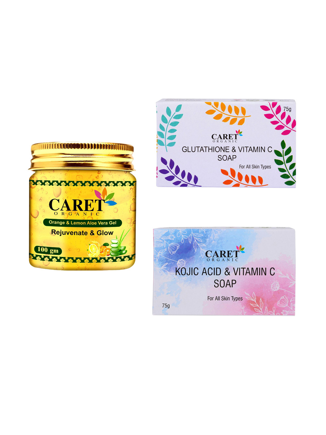 CARET ORGANIC Set Of 3 Glutathione VitaminC & Kojic Acid Soap &Orange Lemon AloeVera Gel