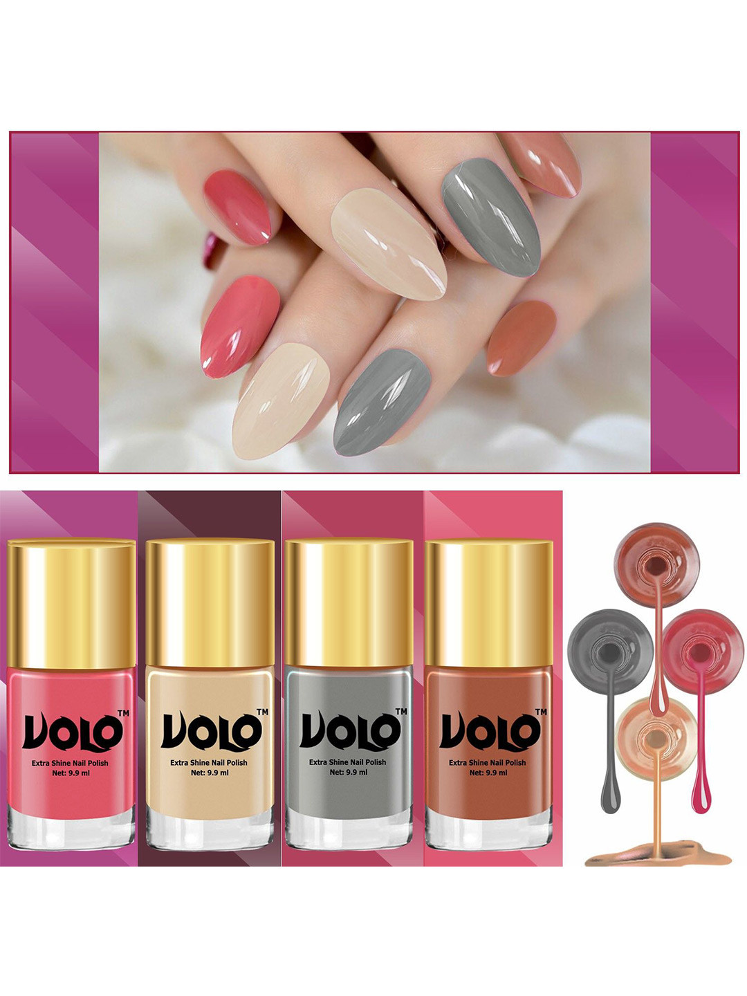 VOLO Set of 4 Shine Pro Nail Polish-9ml Each-Combo No-01-Peach Crush-Nude-Nude-Light grey