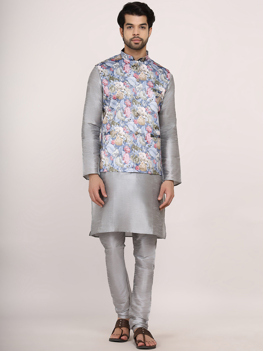 Sadree Self Design Dupion Silk Straight Kurta With Churidar & Floral Nehru Jacket