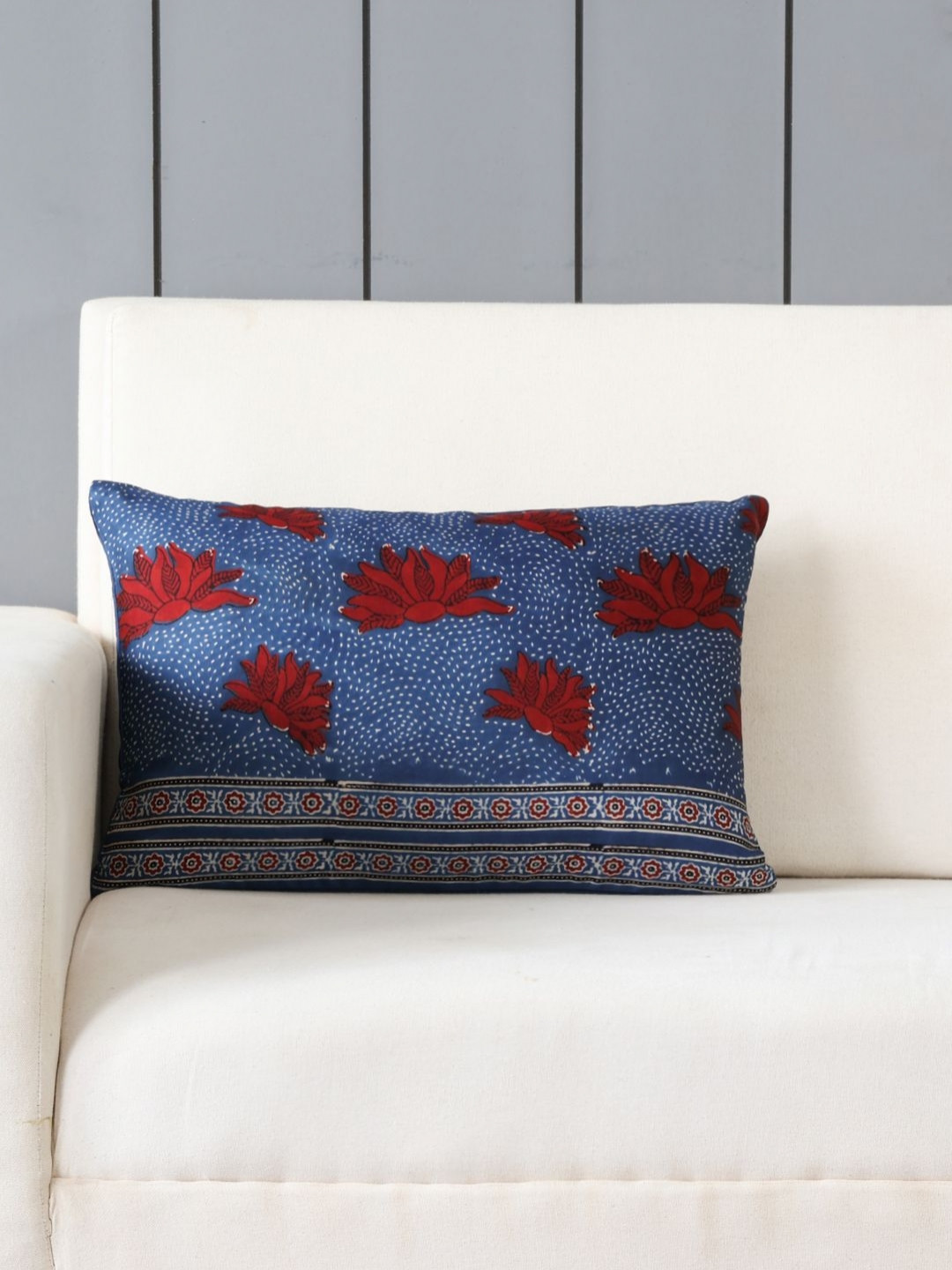Eyaas Navy Blue & Red Ethnic Motifs Printed Rectangle Cushion Cover