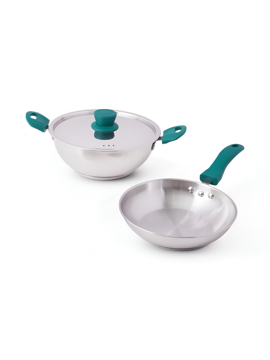 The Indus Valley Silver-Toned & Green Stainless Steel Fry Pan & Kadai Cookware Set