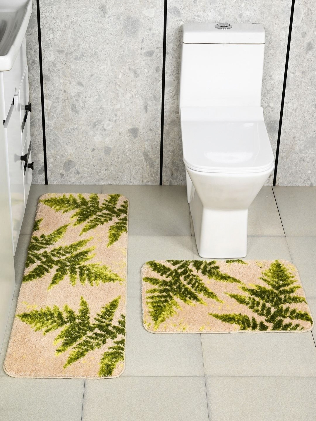 Saral Home CEDAR Beige & Green 2 Pieces Soft Anti Skid Bathmat & Bath Runner