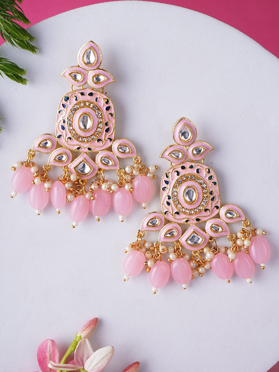 Anouk Pink Gold-Plated Kundan Studded & Pearl Classic Drop Earrings