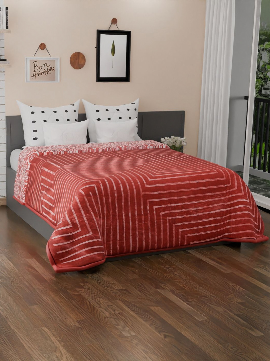 Nivasam Red & White Ethnic Motifs 900 GSM Mink Heavy Winter Double Bed Blanket
