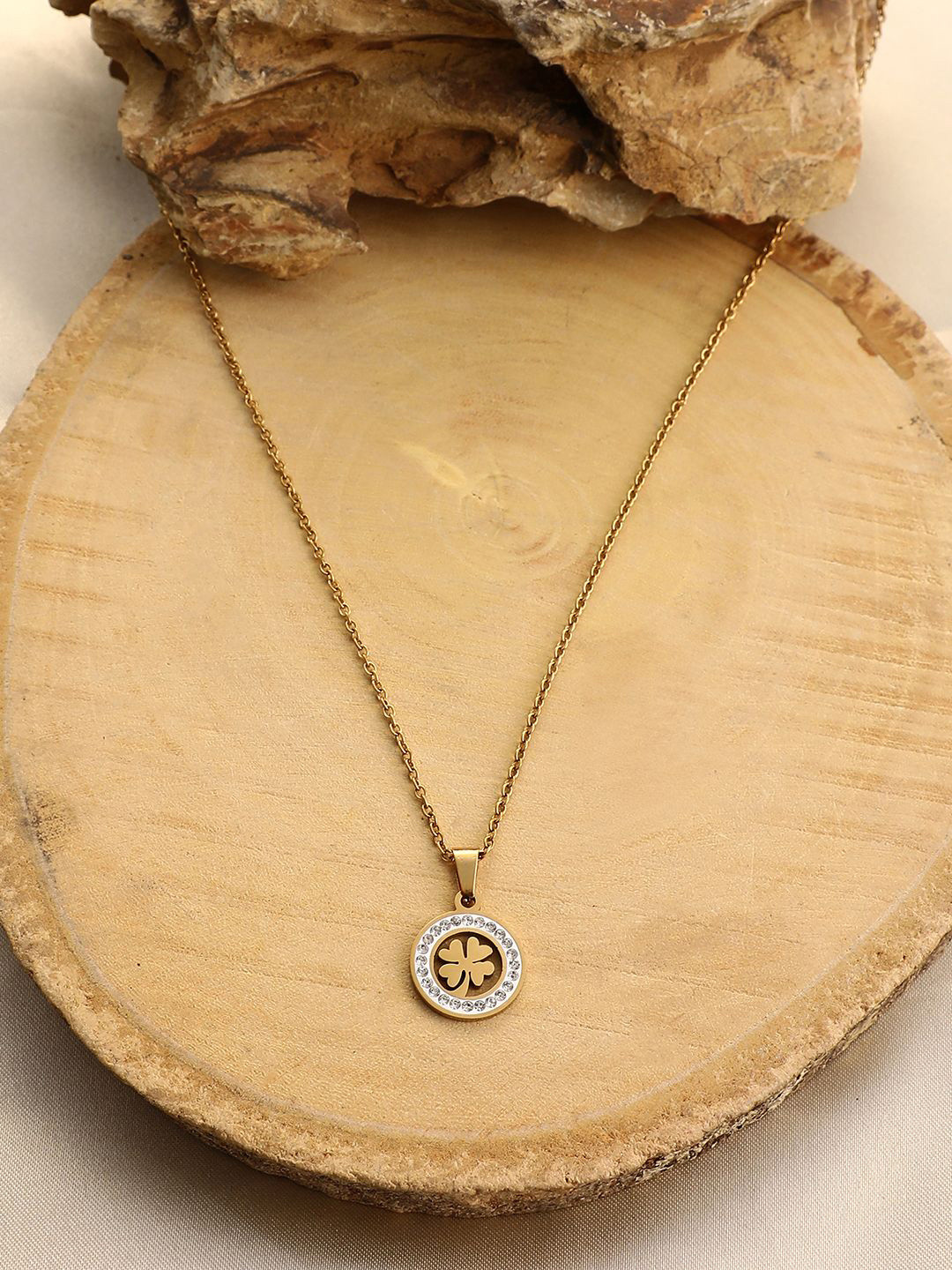 SOHI Gold-Plated Stone Studded Clover Pendant With Chain