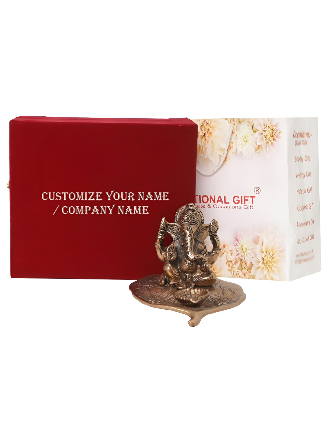 INTERNATIONAL GIFT Patta Ganesh God with Box, Carry Bag & Customizable Tag Copper Metal Prayer Room Medium Showpiece - 3.9 Inches