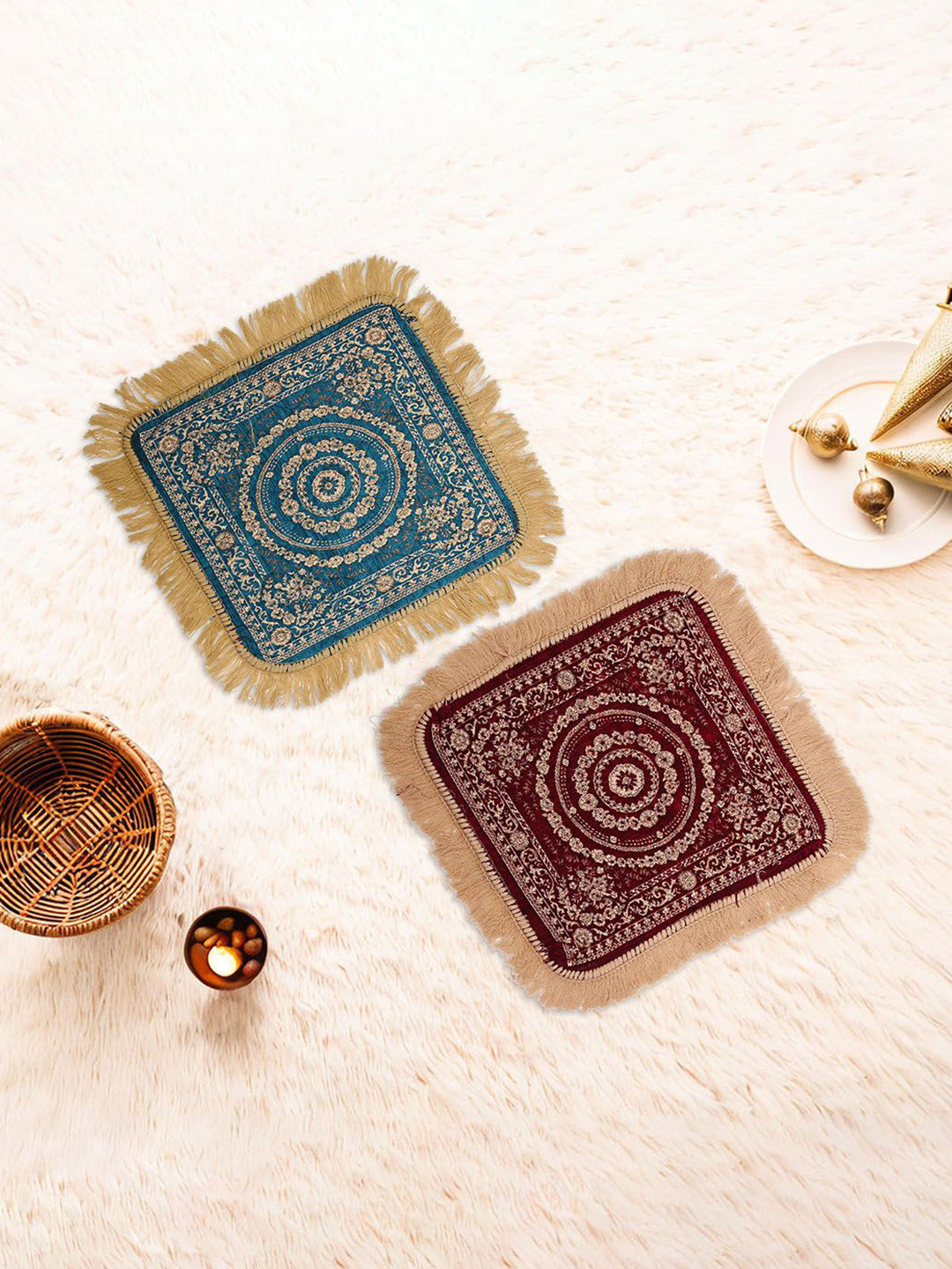 Kuber Industries Maroon & Blue 2 Pieces Floral Printed Velvet Pooja Mats