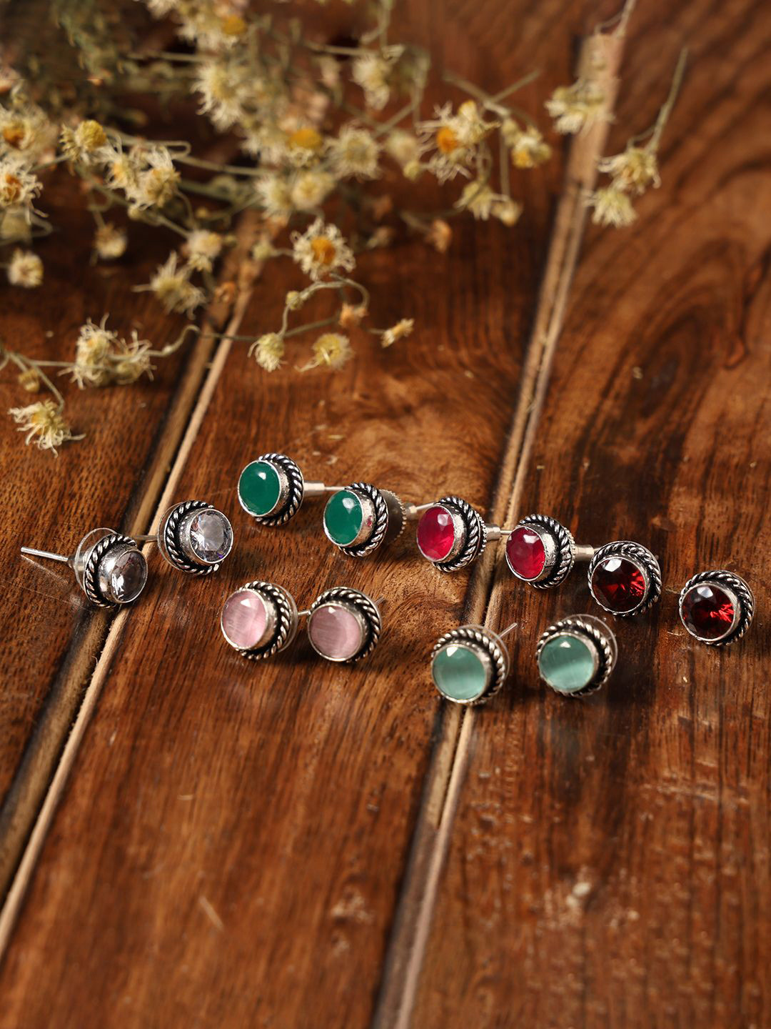 VENI Set of 6 Oxidised 92.5 Silver-Plated Stone Studded Studs