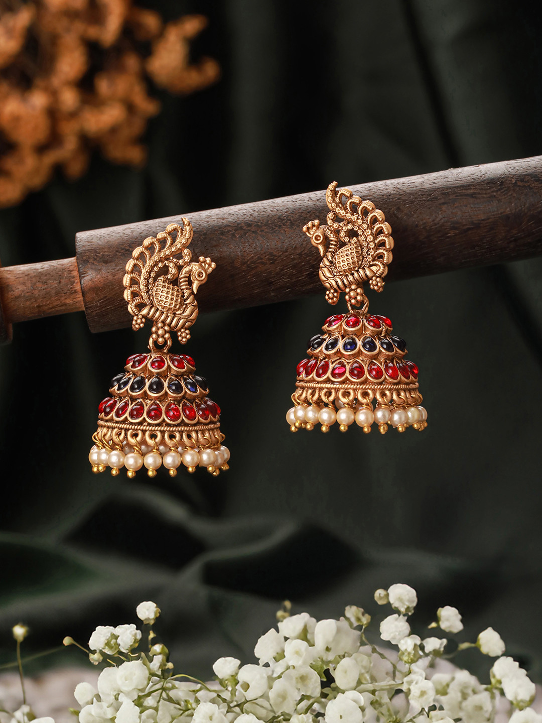 Jazz and Sizzle Gold-Plated Dome Shaped Stones Studded & Beaded Jhumkas
