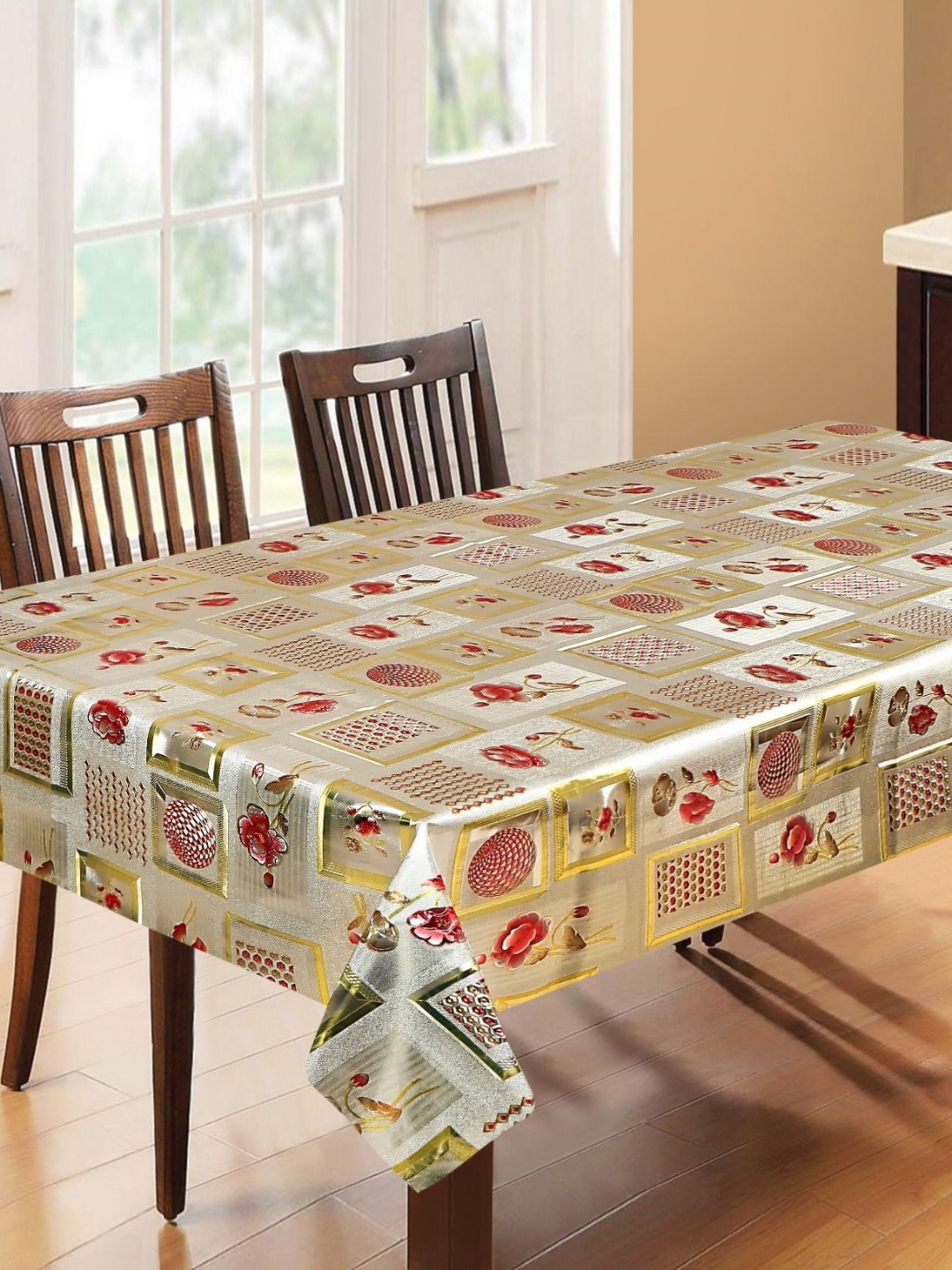 Dakshya Industries Silver-Toned & Red Floral Waterproof 6-Seater Table Cover
